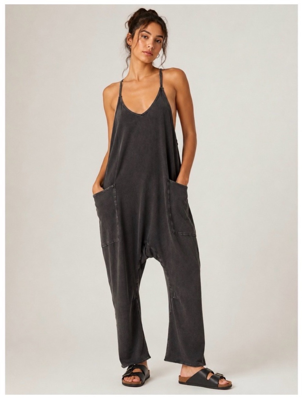 Free People Womens Hot Shot Jumpsuit M Washed Black Oversized Harem Boho Romper